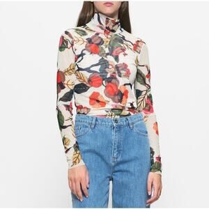 Baum Und Pferdgarten Jodi Top XS Mesh Blouse Floral Print Long Sleeve Mock Neck